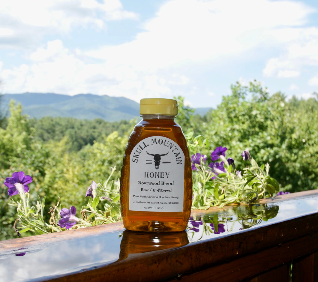 One pound of our Sourwood honey in a no mess EZ squeeze bottle.